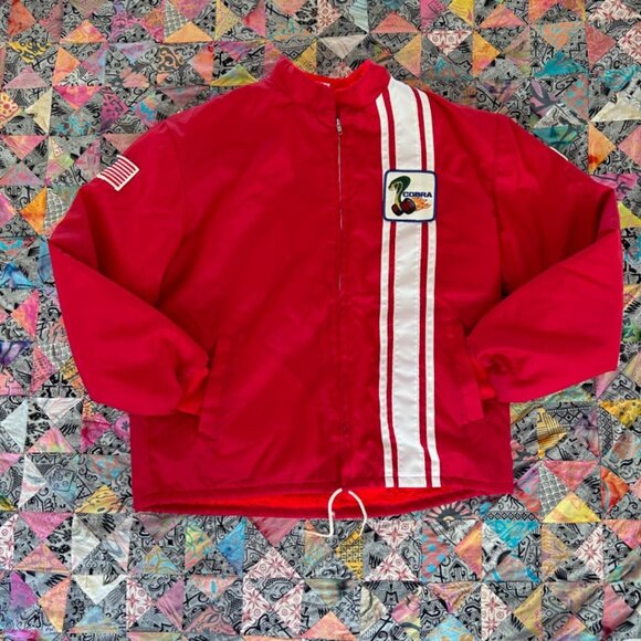 Vintage Ford Mustang Cobra Fleece Lined Striped Racing Jacket Size XL RED - Picture 1 of 8